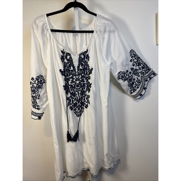Chic Connection Embroidered Lined Dress/Tunic Sz XL Boho Hippie Artsy White/Blue - Picture 2 of 6